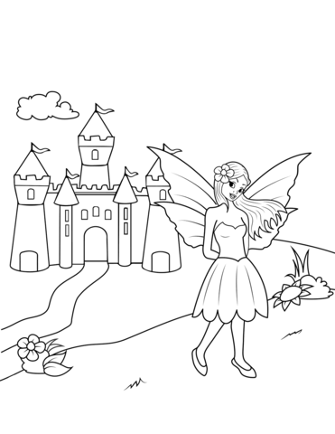 Fairy Near Castle Coloring Page